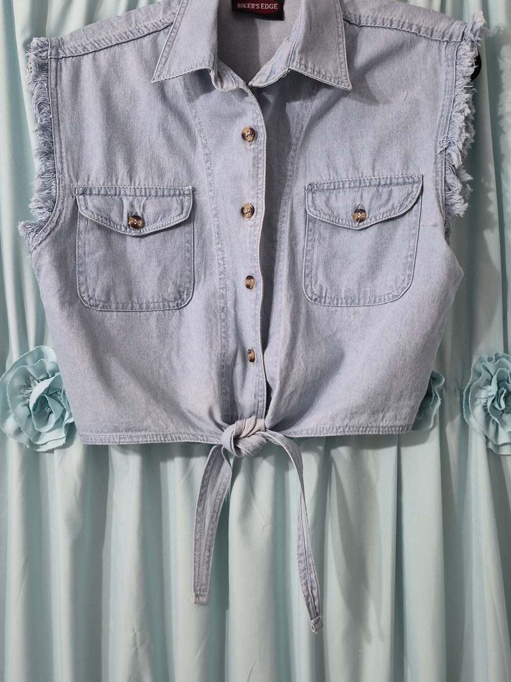 Bikers Edge Cropped button Sleeveless Fringe Tie Cowgirl Moto top Sz L Nwt